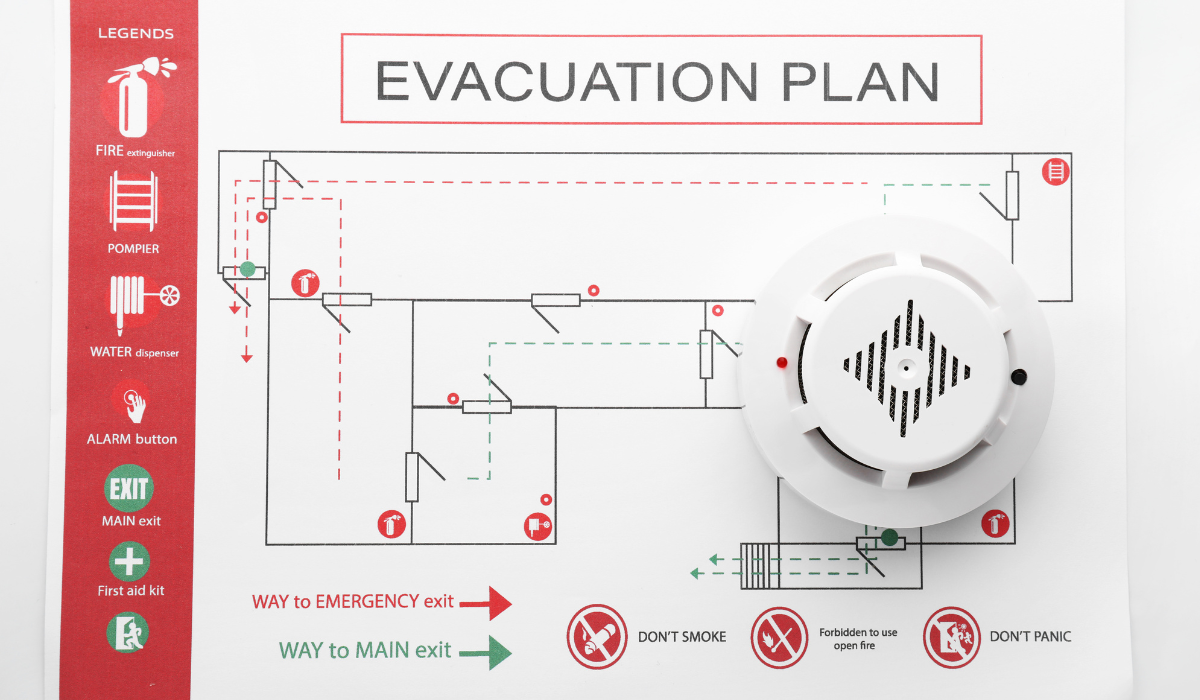 An example of a floor plan of a building with exit routes properly marked, with the words "Evacuation Plan" prominently displayed at the top of the paper