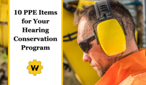 A worker with yellow earmuffs with text next to him which reads "10 ppe items for your hearing conservation program" as well as showing the worksite medical logo